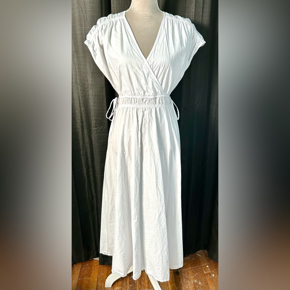 Zara White V-Neck 100% Cotton Poplin Midi Dress w/ Decorative Ties, Size M